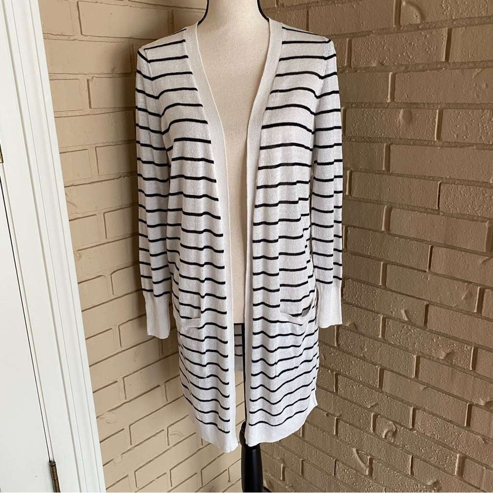 Halogen Black White Linen Striped Longline Cardigan Women's Small S Pockets